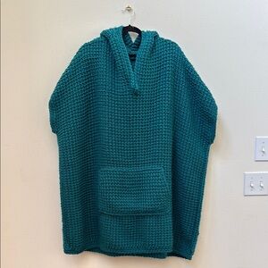 Teal Hooded Knit hand crochet poncho with pouch